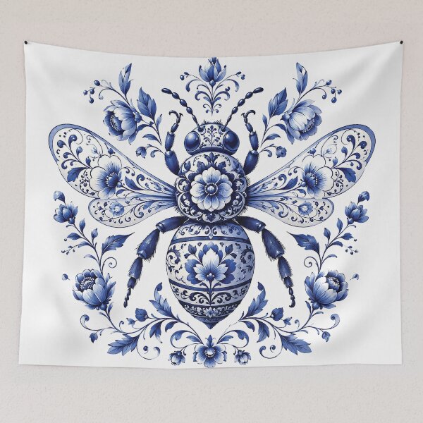 Item preview, Blue and White Floral Bee – Elegant Porcelain Inspired Bumblebee Illustration, Cobalt Botanical Insect Art, Vintage Folk Flowers & Nature Lover Design designed and sold by Gold Turtle  Lina.