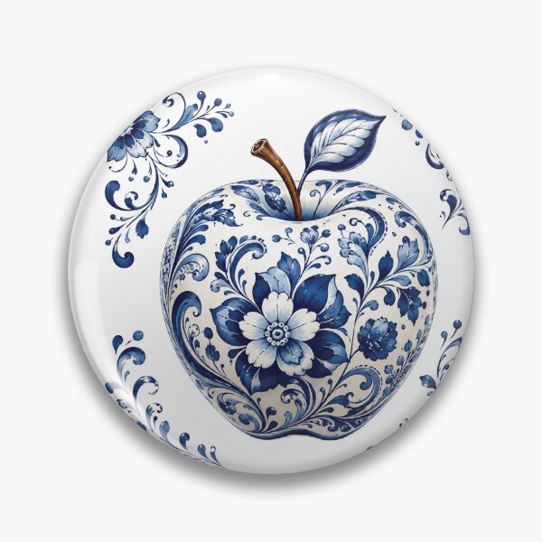 Item preview, Blue and White Floral Apple – Elegant Porcelain Inspired Botanical Fruit Illustration, Cobalt Blue Folk Flowers, Vintage Ceramic Apple Art & Kitchen Decor Design designed and sold by Gold Turtle  Lina.