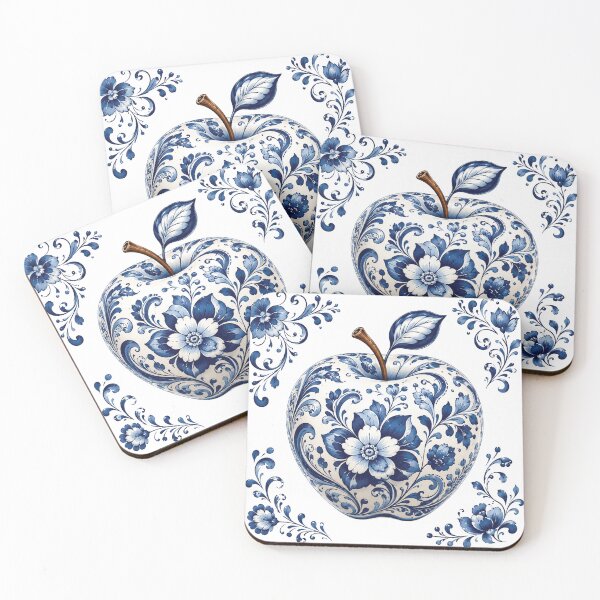 Item preview, Blue and White Floral Apple – Elegant Porcelain Inspired Botanical Fruit Illustration, Cobalt Blue Folk Flowers, Vintage Ceramic Apple Art & Kitchen Decor Design designed and sold by Gold Turtle  Lina.