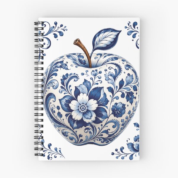Item preview, Blue and White Floral Apple – Elegant Porcelain Inspired Botanical Fruit Illustration, Cobalt Blue Folk Flowers, Vintage Ceramic Apple Art & Kitchen Decor Design designed and sold by Gold Turtle  Lina.