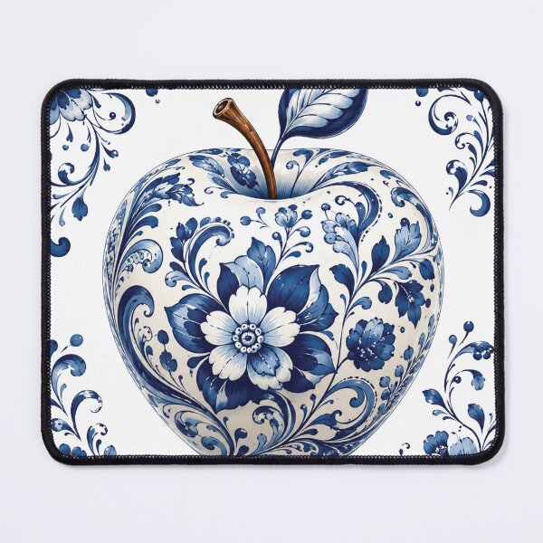 Item preview, Blue and White Floral Apple – Elegant Porcelain Inspired Botanical Fruit Illustration, Cobalt Blue Folk Flowers, Vintage Ceramic Apple Art & Kitchen Decor Design designed and sold by Gold Turtle Lina.