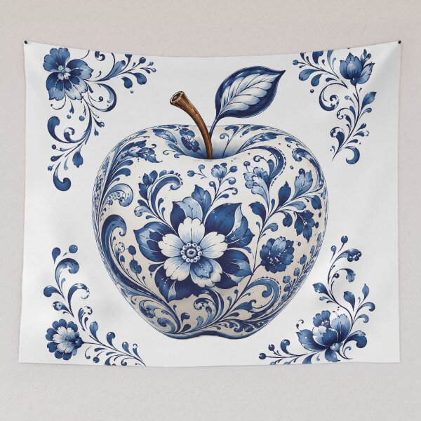 Item preview, Blue and White Floral Apple – Elegant Porcelain Inspired Botanical Fruit Illustration, Cobalt Blue Folk Flowers, Vintage Ceramic Apple Art & Kitchen Decor Design designed and sold by Gold Turtle  Lina.