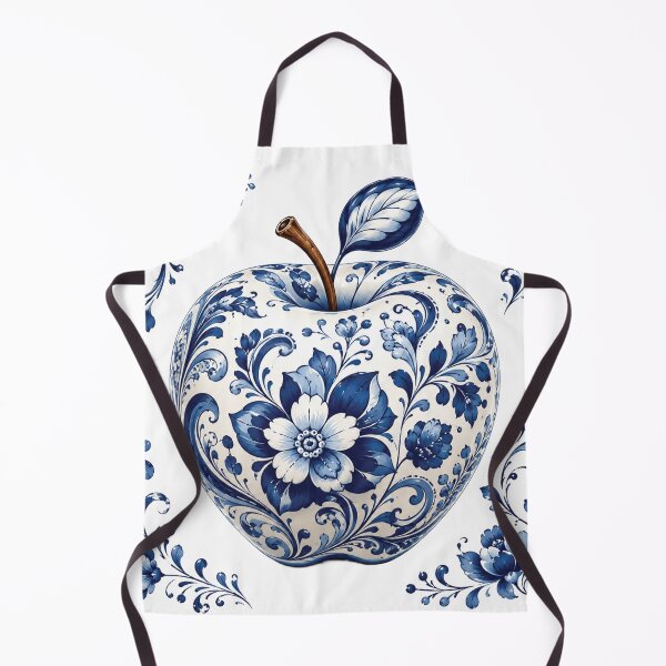 Item preview, Blue and White Floral Apple – Elegant Porcelain Inspired Botanical Fruit Illustration, Cobalt Blue Folk Flowers, Vintage Ceramic Apple Art & Kitchen Decor Design designed and sold by Gold Turtle Lina.