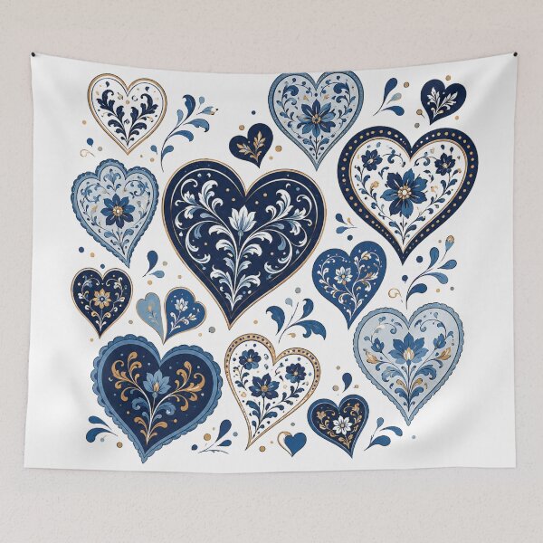 Item preview, Blue Floral Hearts Collection – Elegant Folk Art Love Pattern, Navy Blue Botanical Heart Illustrations, Romantic Boho Flowers & Scandinavian Inspired Design designed and sold by Gold Turtle Lina.