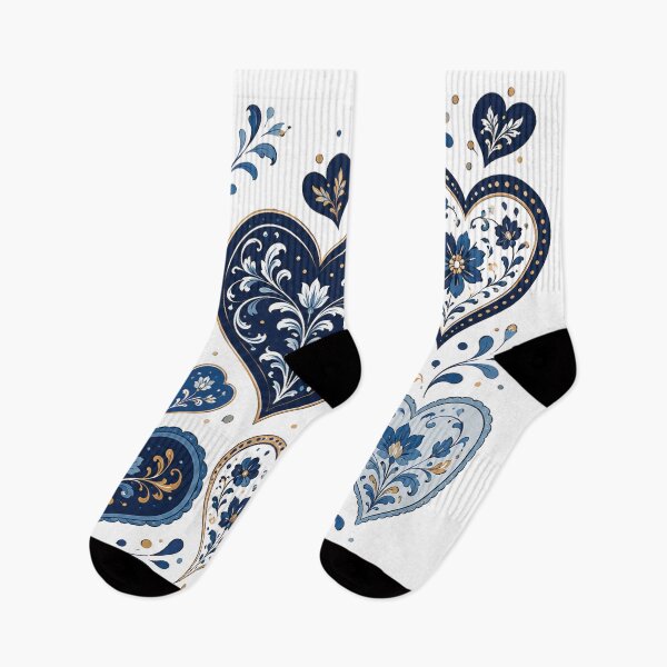 Item preview, Blue Floral Hearts Collection – Elegant Folk Art Love Pattern, Navy Blue Botanical Heart Illustrations, Romantic Boho Flowers & Scandinavian Inspired Design designed and sold by Gold Turtle  Lina.