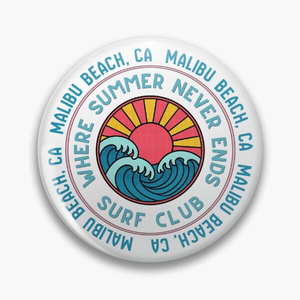 Item preview, Malibu Beach CA Surf Club Retro Sunset Wave Badge Design designed and sold by DonnaRaine.