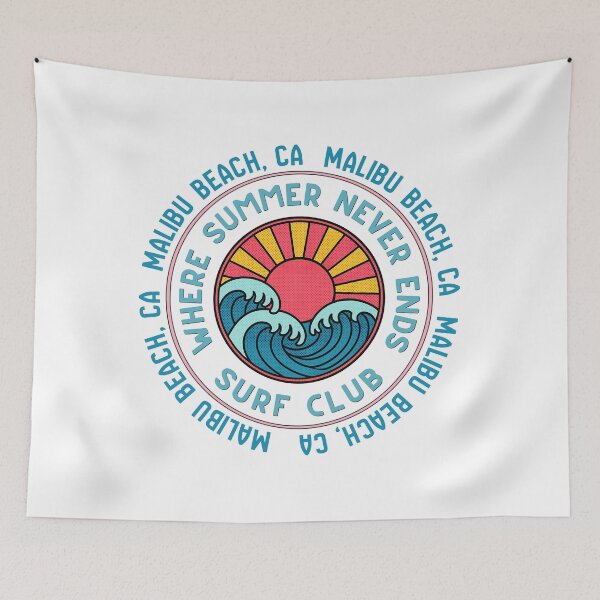 Item preview, Malibu Beach CA Surf Club Retro Sunset Wave Badge Design designed and sold by DonnaRaine.