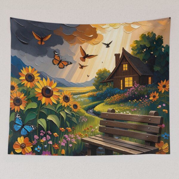Item preview, The Wooden Bench and Sunflowers designed and sold by TinCatOutPost.