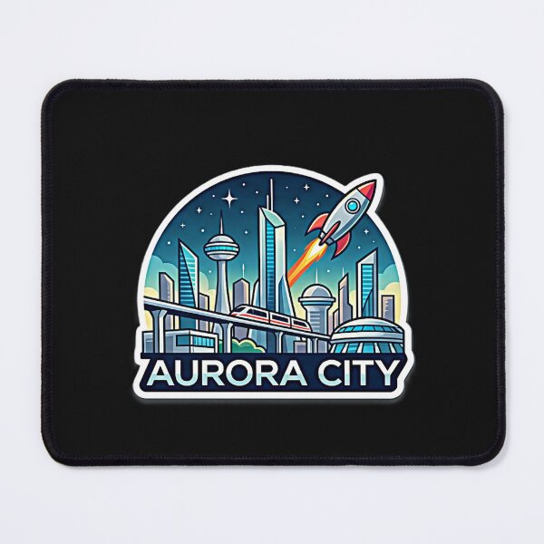 Item preview, Aurora City Skyline Sticker – Retro Futuristic Travel Badge with Rocket Launch designed and sold by boxenbrain.