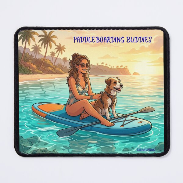 Item preview, PADDLEBOARDING BUDDIES – Cute Dog on Stand Up Paddleboard, Girl and Puppy Summer Beach Sunset Illustration, Retro Paddleboarding Apparel Graphic Poster designed and sold by SmartPuns.