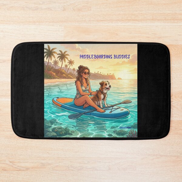 Item preview, PADDLEBOARDING BUDDIES – Cute Dog on Stand Up Paddleboard, Girl and Puppy Summer Beach Sunset Illustration, Retro Paddleboarding Apparel Graphic Poster designed and sold by SmartPuns.