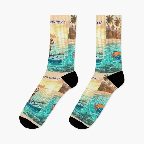 Item preview, PADDLEBOARDING BUDDIES – Cute Dog on Stand Up Paddleboard, Girl and Puppy Summer Beach Sunset Illustration, Retro Paddleboarding Apparel Graphic Poster designed and sold by SmartPuns.