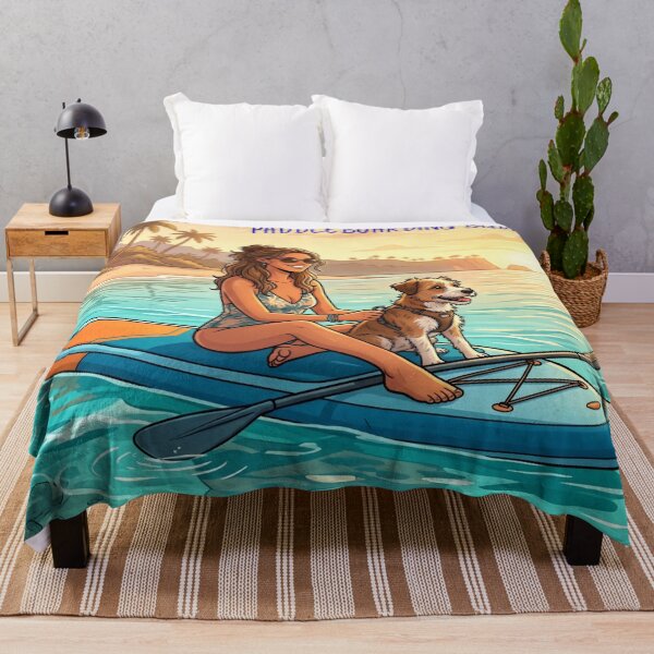 Item preview, PADDLEBOARDING BUDDIES – Cute Dog on Stand Up Paddleboard, Girl and Puppy Summer Beach Sunset Illustration, Retro Paddleboarding Apparel Graphic Poster designed and sold by SmartPuns.