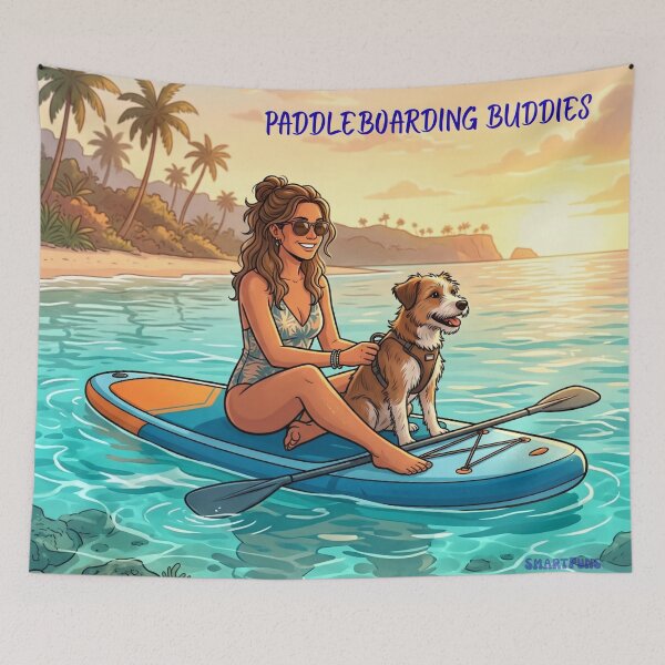 Item preview, PADDLEBOARDING BUDDIES – Cute Dog on Stand Up Paddleboard, Girl and Puppy Summer Beach Sunset Illustration, Retro Paddleboarding Apparel Graphic Poster designed and sold by SmartPuns.
