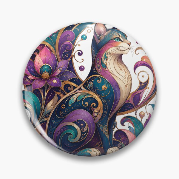 Item preview, Elegant Fantasy Cat with Purple Lotus Flowers – Ornamental Feline Art, Teal Blue and Gold Floral Cat Illustration, Boho Art Nouveau Cat Lover Gift designed and sold by Gold Turtle  Lina.