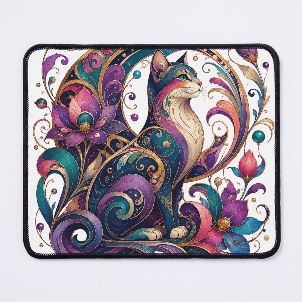 Item preview, Elegant Fantasy Cat with Purple Lotus Flowers – Ornamental Feline Art, Teal Blue and Gold Floral Cat Illustration, Boho Art Nouveau Cat Lover Gift designed and sold by Gold Turtle  Lina.