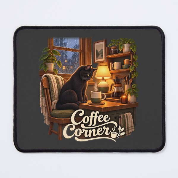 Item preview, Coffee Corner — Cozy Black Cat designed and sold by QuietNovaShop.