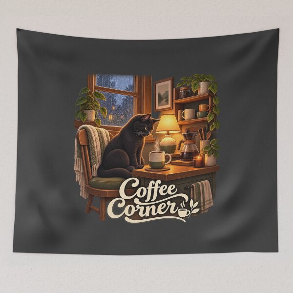 Item preview, Coffee Corner — Cozy Black Cat designed and sold by QuietNovaShop.