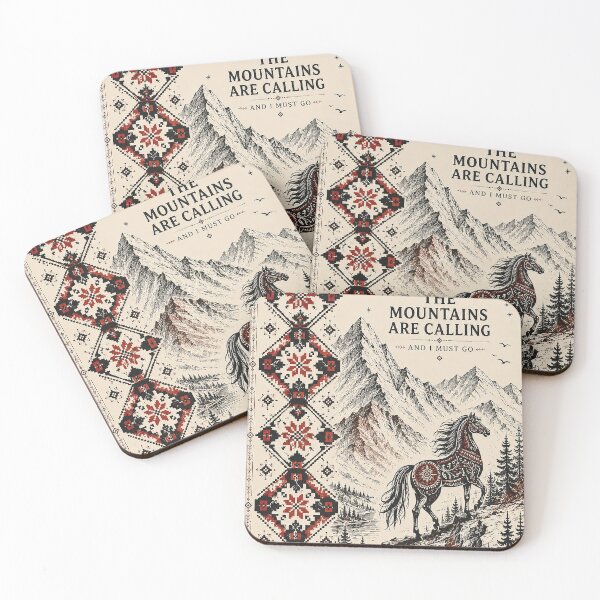 Item preview, The Mountains Are Calling and I Must Go – Folk Art Horse Mountain Adventure, Vintage Alpine Landscape, Boho Ethnic Hiking Nature Design & Outdoor Lover Gift designed and sold by Gold Turtle  Lina.
