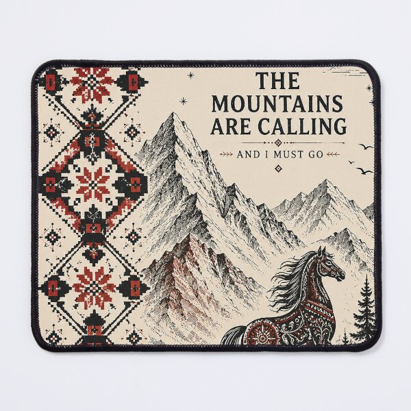 Item preview, The Mountains Are Calling and I Must Go – Folk Art Horse Mountain Adventure, Vintage Alpine Landscape, Boho Ethnic Hiking Nature Design & Outdoor Lover Gift designed and sold by Gold Turtle Lina.