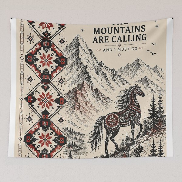 Item preview, The Mountains Are Calling and I Must Go – Folk Art Horse Mountain Adventure, Vintage Alpine Landscape, Boho Ethnic Hiking Nature Design & Outdoor Lover Gift designed and sold by Gold Turtle  Lina.