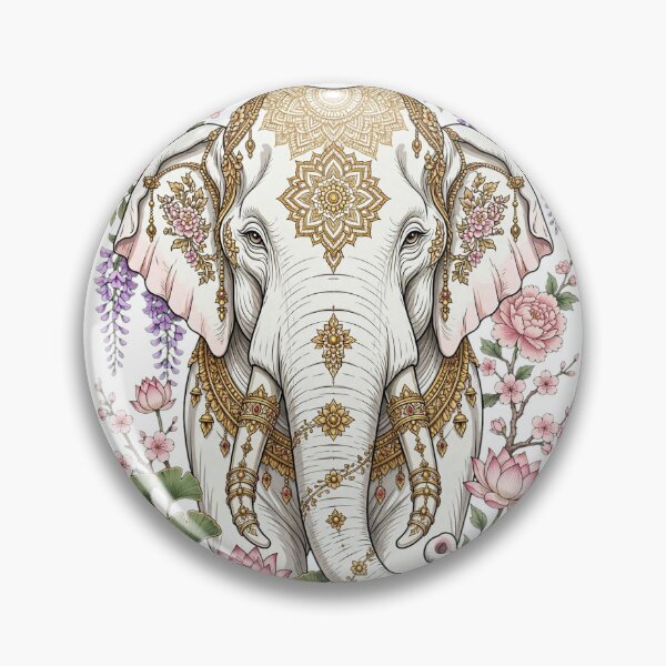Item preview, Sacred White Elephant - Oriental Gold Mandala with Peony Sakura Lotus Wisteria and Ginkgo designed and sold by PrettyCrypt.
