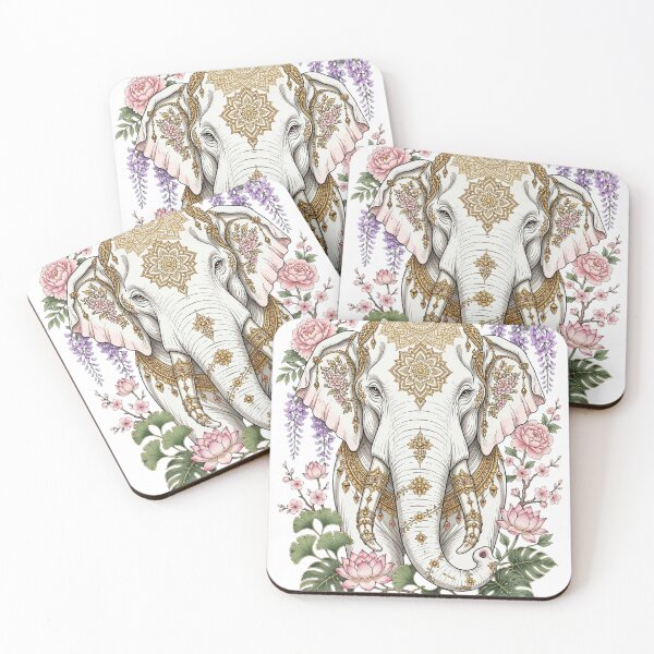 Item preview, Sacred White Elephant - Oriental Gold Mandala with Peony Sakura Lotus Wisteria and Ginkgo designed and sold by PrettyCrypt.