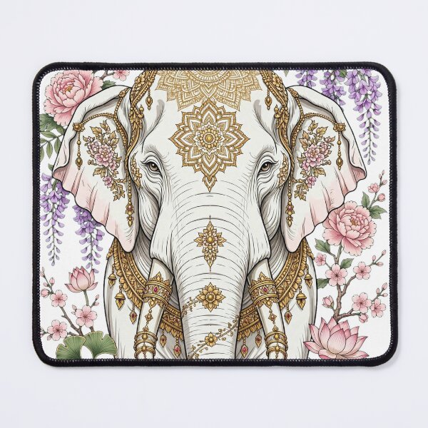 Item preview, Sacred White Elephant - Oriental Gold Mandala with Peony Sakura Lotus Wisteria and Ginkgo designed and sold by PrettyCrypt.