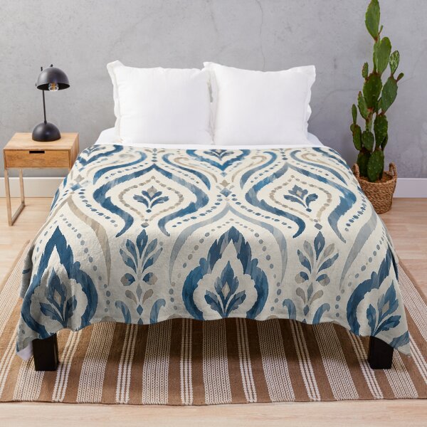 Item preview, Blue and Beige Watercolor Ikat Pattern – Elegant Boho Tribal Floral Ornament with Damask Teardrop Motifs and Vintage Textile Inspired Design designed and sold by Gold Turtle Lina.