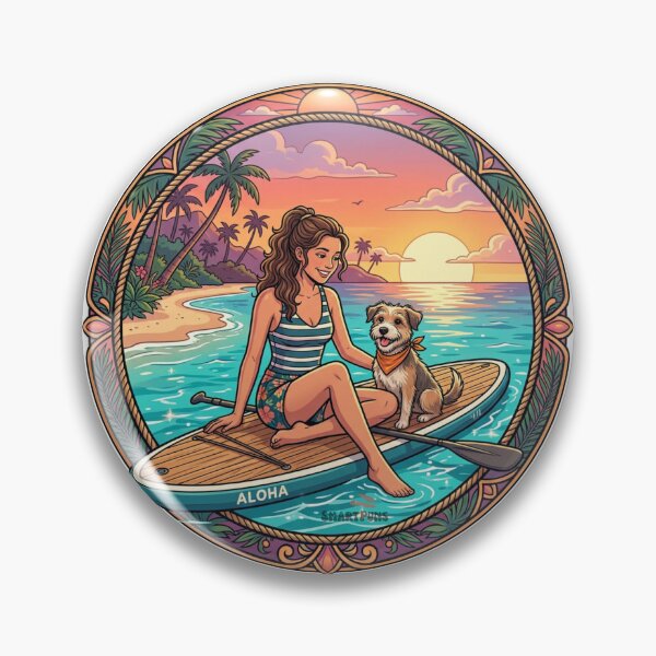 Item preview, Aloha SUP Dog – Retro Sunset Paddleboarding Illustration, Vintage Tropical Beach Circle, Cute Puppy and Girl Summer Surf Apparel Graphic Sticker designed and sold by SmartPuns.