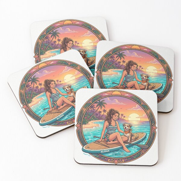 Item preview, Aloha SUP Dog – Retro Sunset Paddleboarding Illustration, Vintage Tropical Beach Circle, Cute Puppy and Girl Summer Surf Apparel Graphic Sticker designed and sold by SmartPuns.