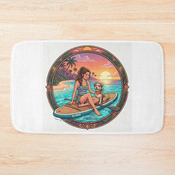 Item preview, Aloha SUP Dog – Retro Sunset Paddleboarding Illustration, Vintage Tropical Beach Circle, Cute Puppy and Girl Summer Surf Apparel Graphic Sticker designed and sold by SmartPuns.