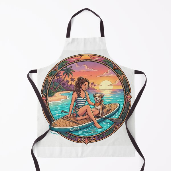 Item preview, Aloha SUP Dog – Retro Sunset Paddleboarding Illustration, Vintage Tropical Beach Circle, Cute Puppy and Girl Summer Surf Apparel Graphic Sticker designed and sold by SmartPuns.