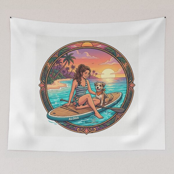 Item preview, Aloha SUP Dog – Retro Sunset Paddleboarding Illustration, Vintage Tropical Beach Circle, Cute Puppy and Girl Summer Surf Apparel Graphic Sticker designed and sold by SmartPuns.