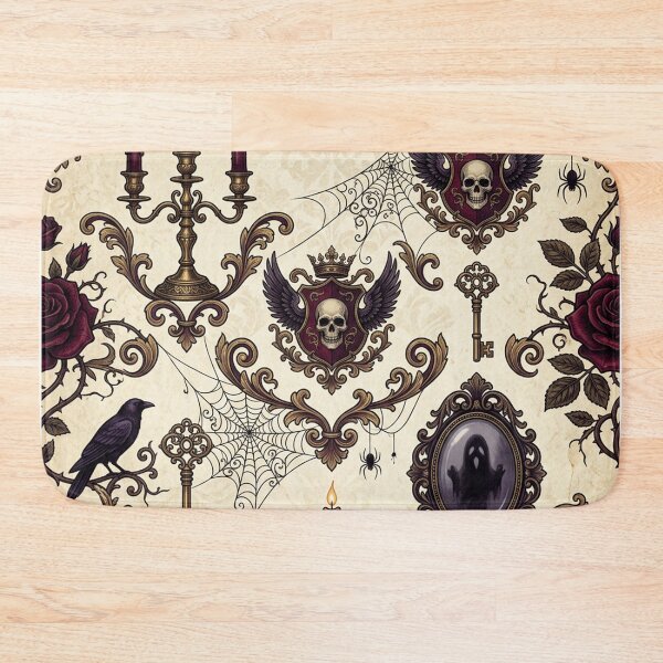 Item preview, Dark Gothic Halloween Seamless Pattern - Roses Ravens Skull Crest Candles designed and sold by LenNo9881.