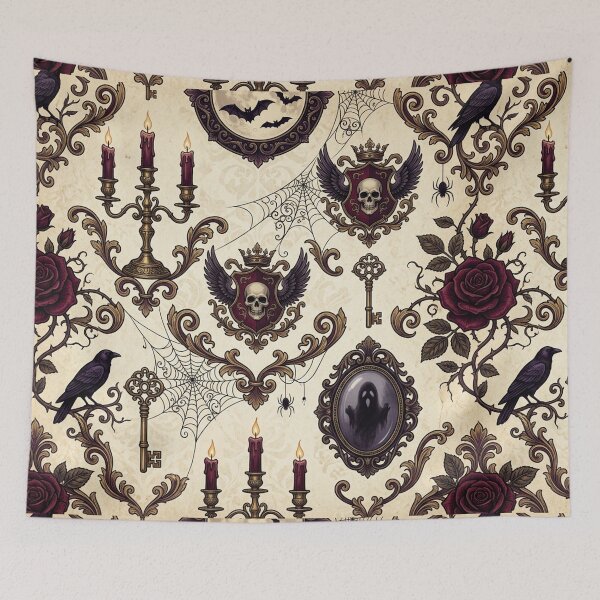 Item preview, Dark Gothic Halloween Seamless Pattern - Roses Ravens Skull Crest Candles designed and sold by LenNo9881.