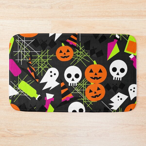 Item preview, Neon Halloween Seamless Pattern Black Background - Ghosts Skulls Pumpkins designed and sold by LenNo9881.