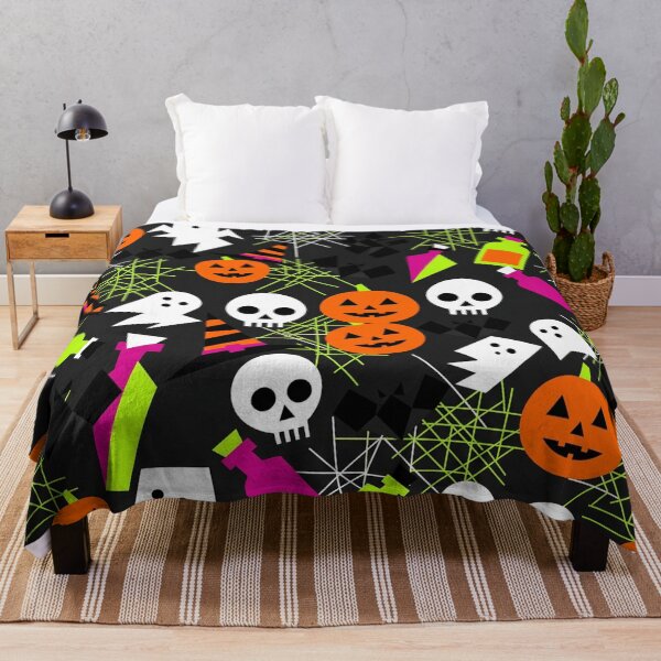Item preview, Neon Halloween Seamless Pattern Black Background - Ghosts Skulls Pumpkins designed and sold by LenNo9881.