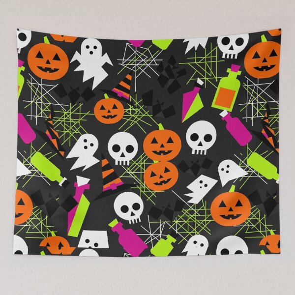 Item preview, Neon Halloween Seamless Pattern Black Background - Ghosts Skulls Pumpkins designed and sold by LenNo9881.