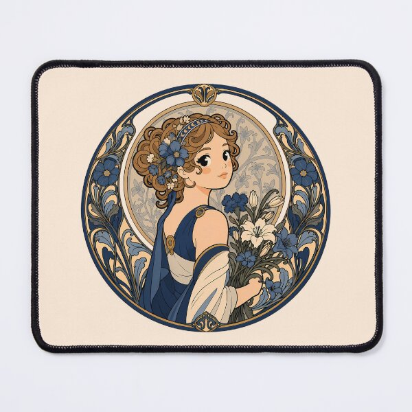 Item preview, Art Nouveau Floral Maiden – Vintage Botanical Woman with Flowers - Navy Blue designed and sold by FloreDreamStudio.