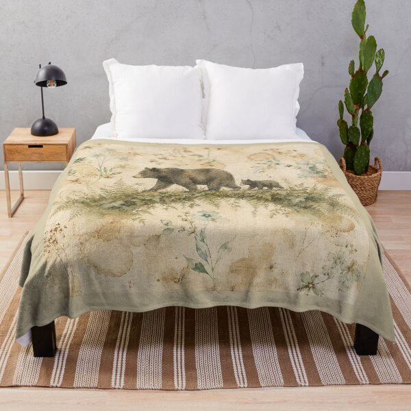 Item preview, Black Bear and Cub Organic Fern Bridge Antique Linen Print designed and sold by RescueHeart10.