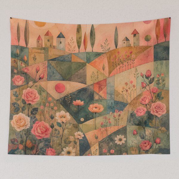Item preview, Mid Century Rose Garden – Geometric Folk Art Floral Landscape designed and sold by GutyzDesignsES.