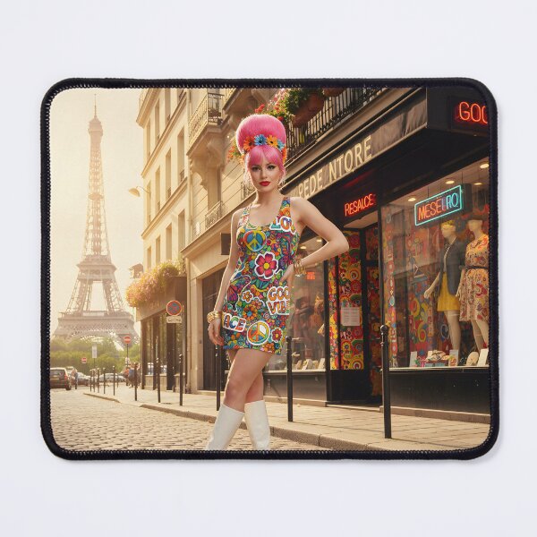Item preview, Paris Mod Girl - 60s Pink Beehive on Cobblestone Street with Eiffel Tower designed and sold by Ela Art Space .
