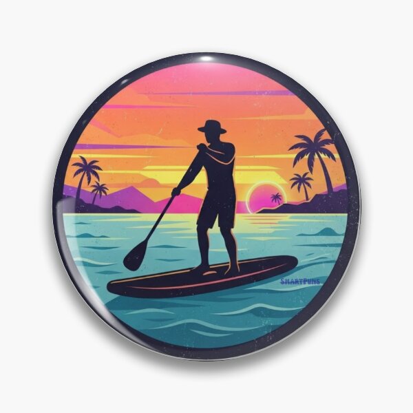 Item preview, Retro SUP Sunset – Minimalist Stand Up Paddleboarding Illustration, 1980s Synthwave Beach Circle, Clean Silhouette Paddle Boarder Apparel Graphic Sticker designed and sold by SmartPuns.