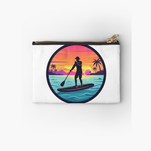 Item preview, Retro SUP Sunset – Minimalist Stand Up Paddleboarding Illustration, 1980s Synthwave Beach Circle, Clean Silhouette Paddle Boarder Apparel Graphic Sticker designed and sold by SmartPuns.