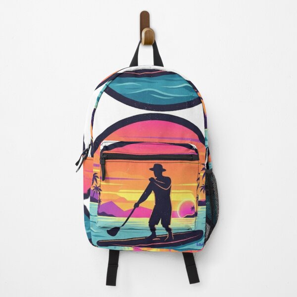 Item preview, Retro SUP Sunset – Minimalist Stand Up Paddleboarding Illustration, 1980s Synthwave Beach Circle, Clean Silhouette Paddle Boarder Apparel Graphic Sticker designed and sold by SmartPuns.