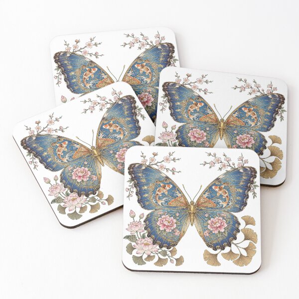 Item preview, Oriental Koi Butterfly - Gold Morpho with Peony Lotus Sakura and Ginkgo designed and sold by PrettyCrypt.