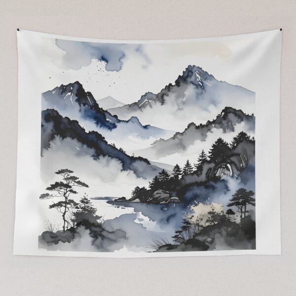 Item preview, Misty Japanese Mountains Ink Wash Landscape designed and sold by BetweenForms.
