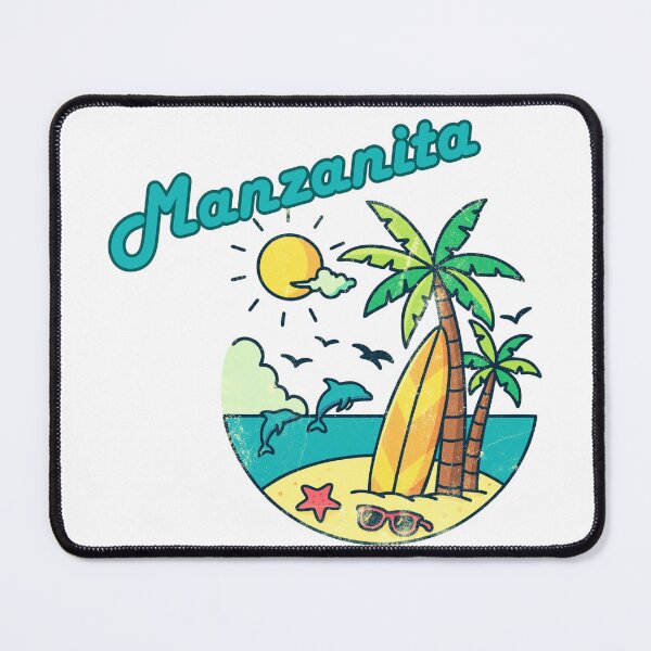 Item preview, Manzanita Oregon Retro Beach Scene Palm Trees Surfboard Design designed and sold by DonnaRaine.