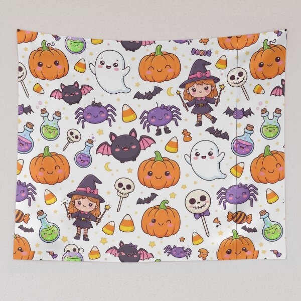 Item preview, Cute Halloween Seamless Pattern – Pumpkins, Skeletons, Black Cats and Potions designed and sold by LenNo9881.